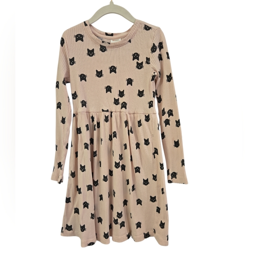 HANNA ANDERSSON PINK AND BLACK RIBBED CAT PRINT LONG SLEEVE DRESS. SIZE 6-7.
